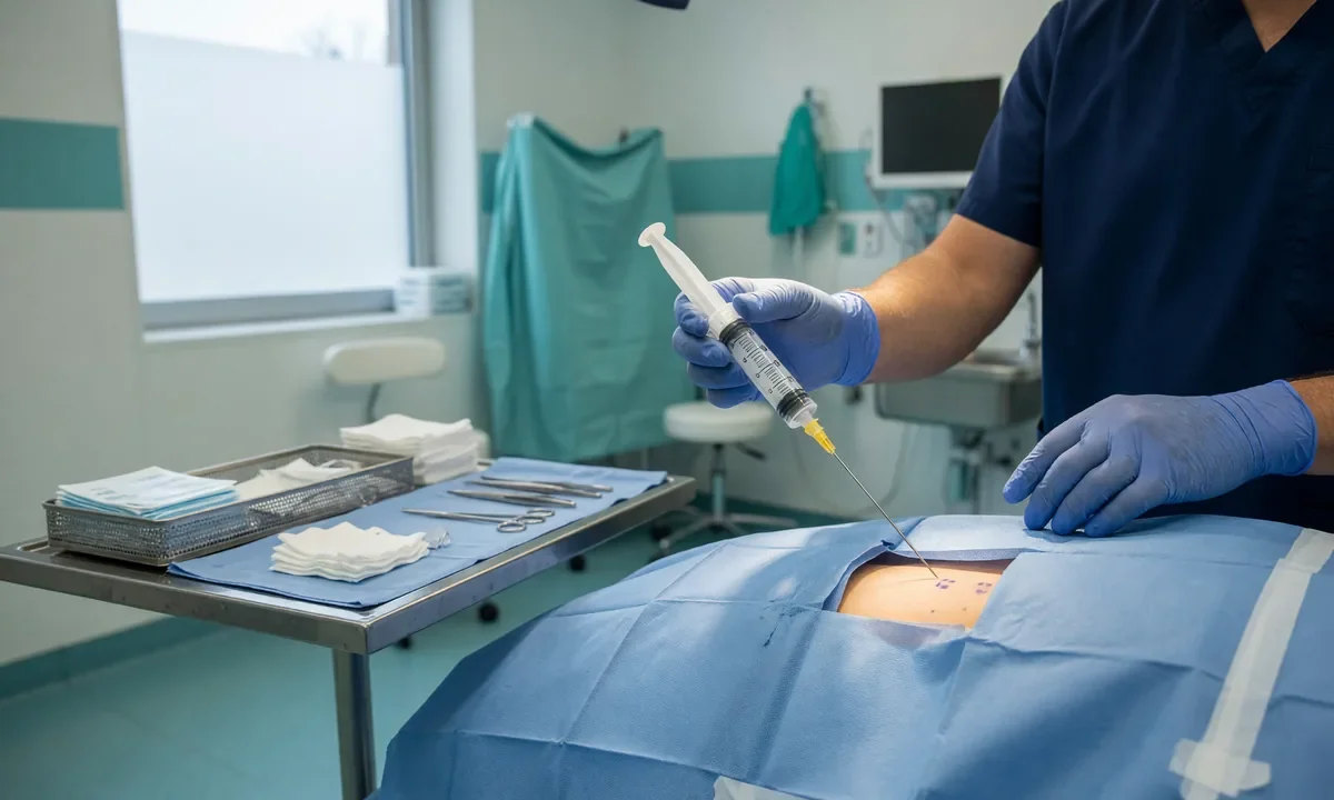 Equipe médica prepara aspirado de medula óssea em campo estéril