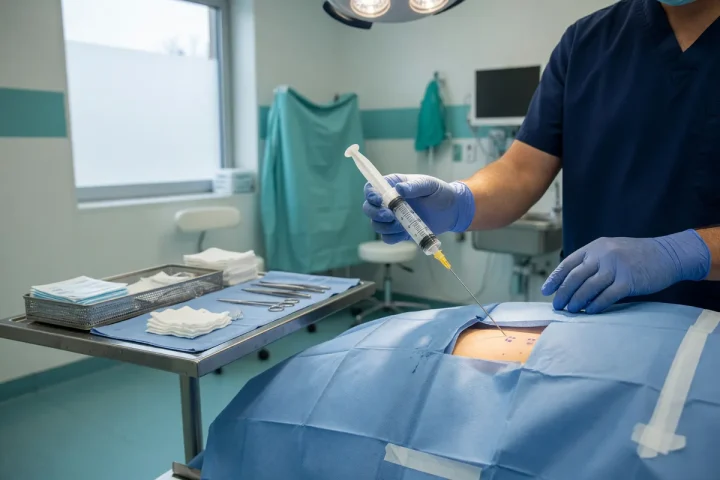 Equipe médica prepara aspirado de medula óssea em campo estéril
