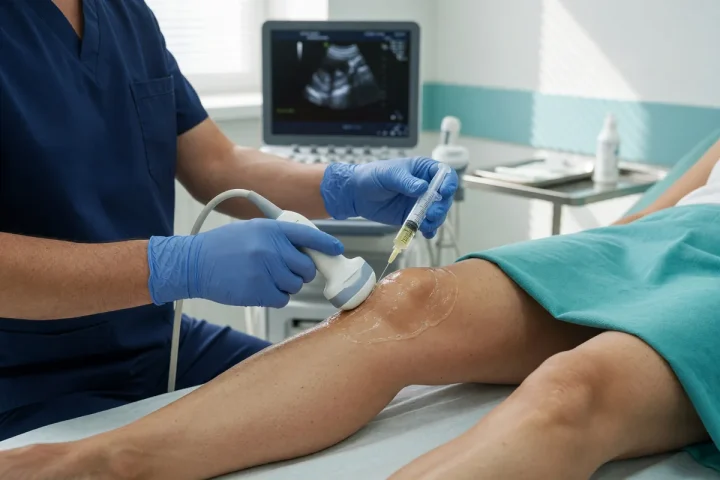 Médico aplica infiltração no joelho com apoio de ultrassom, em consultório