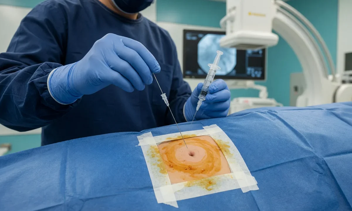 Bloqueio caudal na base da coluna, com campo estéril e radioscopia