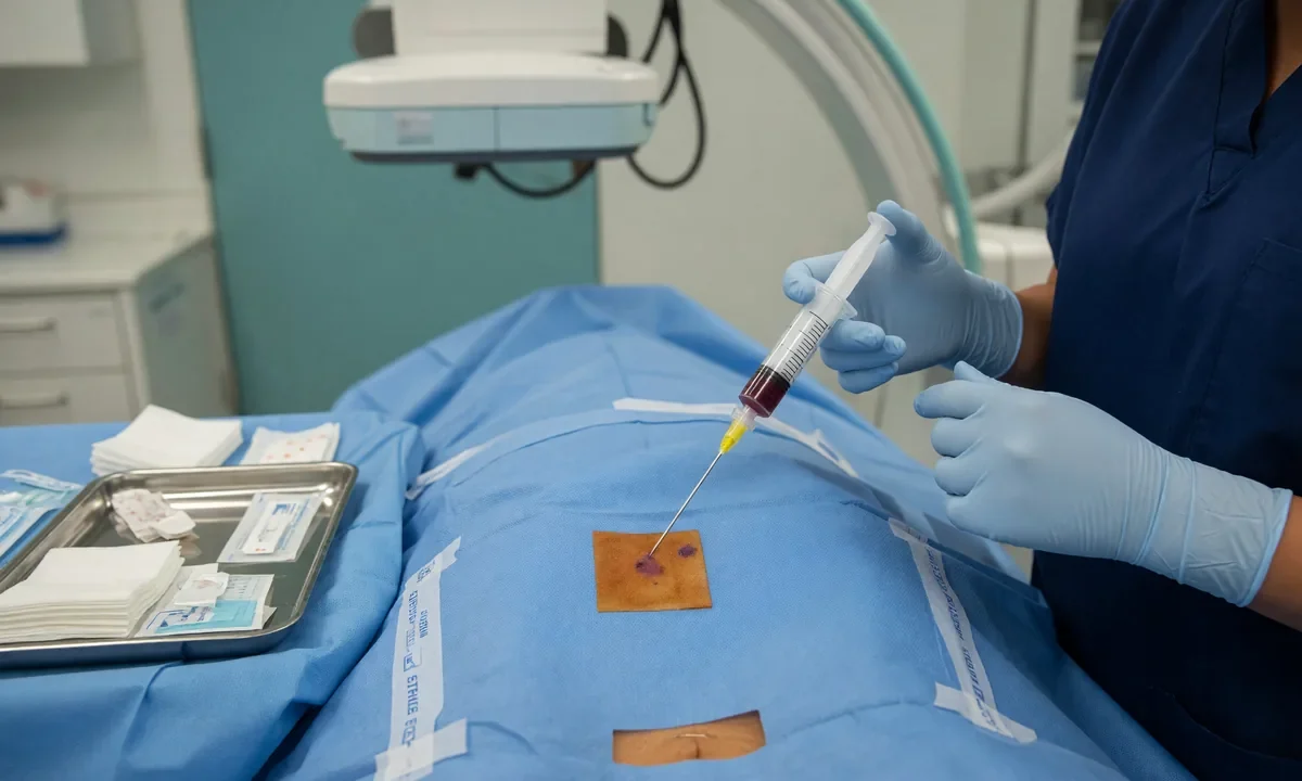 Aspirado de medula óssea em campo estéril, com apoio de radioscopia, para aplicação na coluna