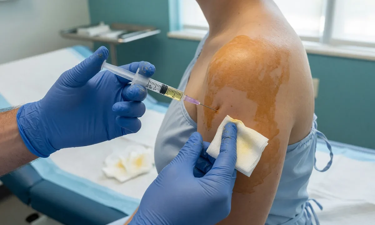 Médico aplica infiltração de corticoide no ombro de um paciente