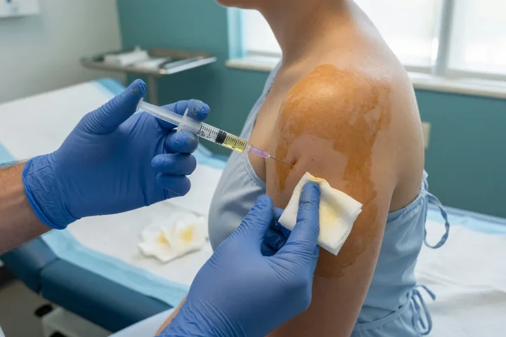 Médico aplica infiltração de corticoide no ombro de um paciente