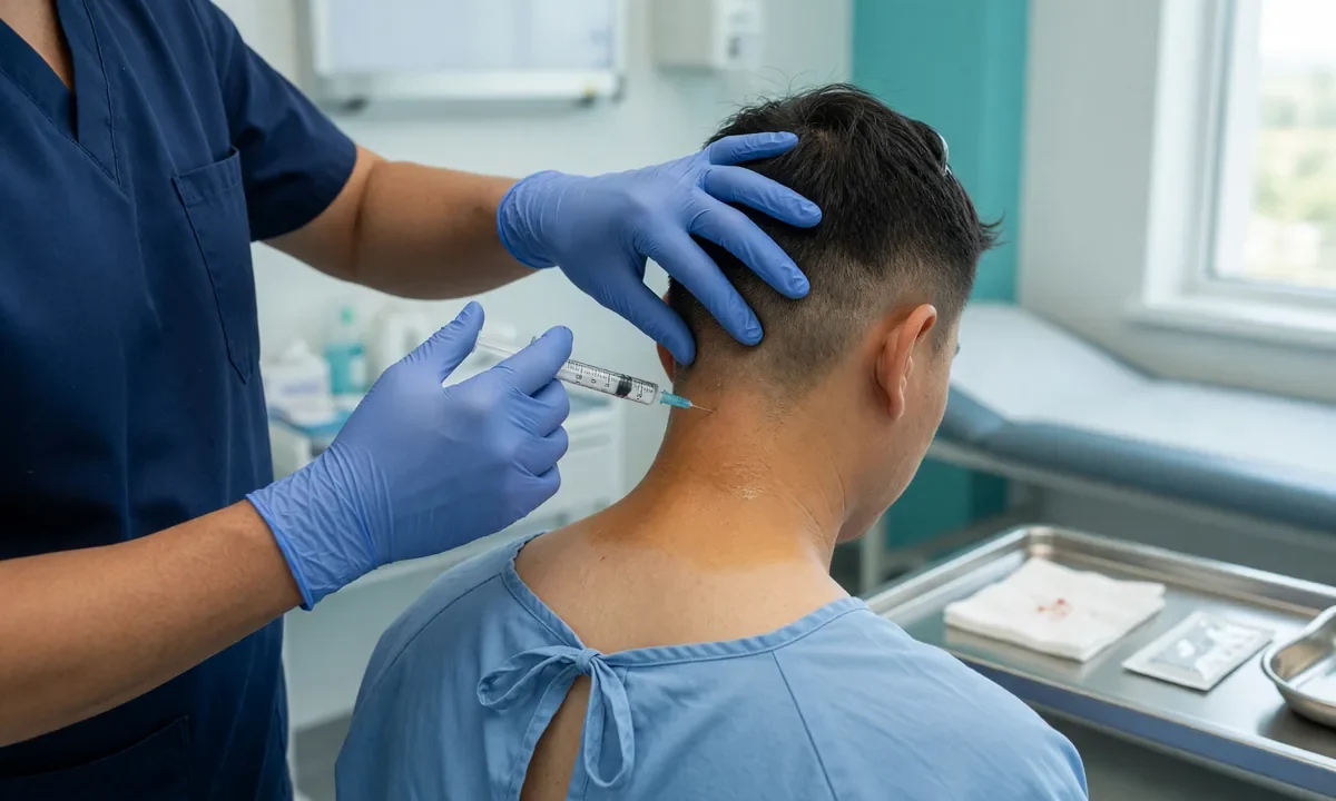 Aplicação de toxina botulínica na musculatura da nuca, na base do crânio, para cefaleia crônica