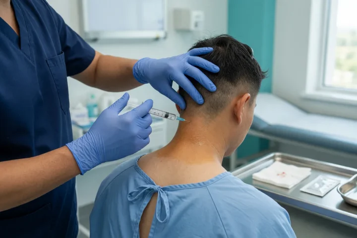 Aplicação de toxina botulínica na musculatura da nuca, na base do crânio, para cefaleia crônica